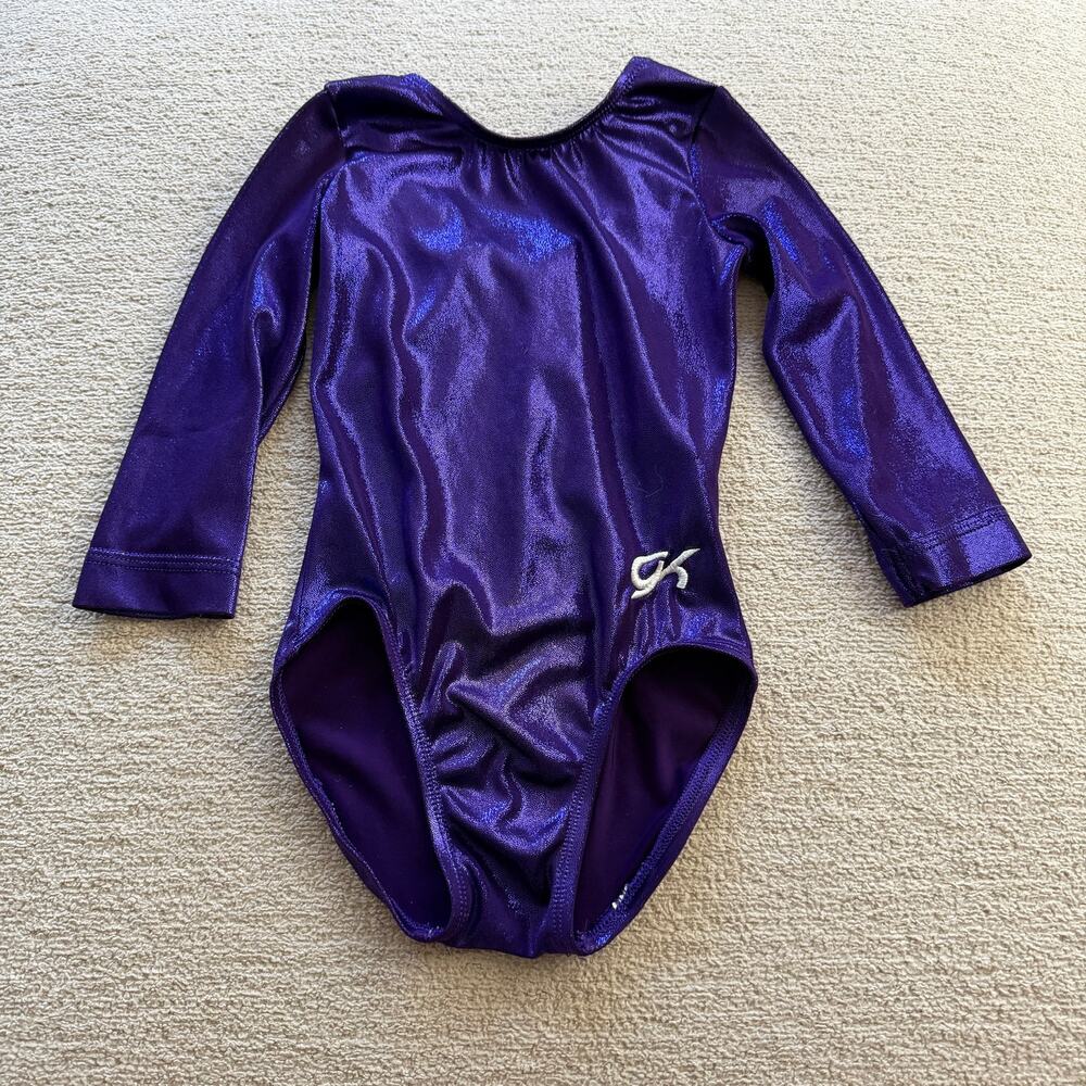GK Elite Gymnastic Practice Leotard Long Sleeve Purple Metallic Girls S